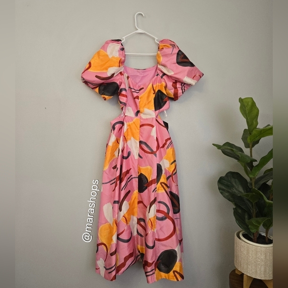 Aureta Studio Ada Midi Printed Linen Puff Sleeve Cutout Dress - Picture 7 of 10